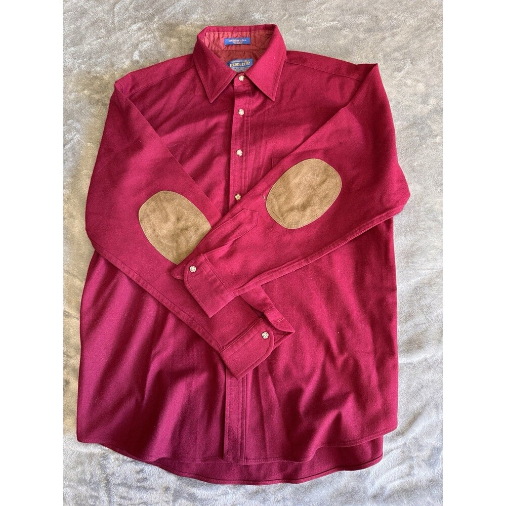 Pendleton Shirt Men's Flannel 100% Virgin Wool Size Large Red Padded Elbows
